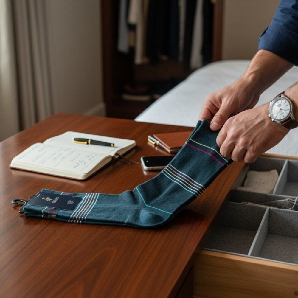 Punto Italian Men Dress Socks Egyptian Cotton Size 10-13 Teal Blue with Stripes